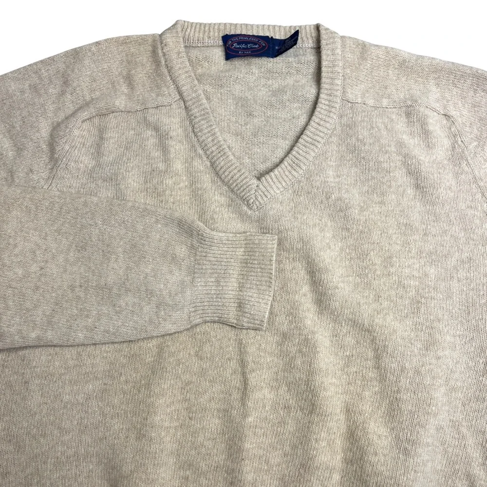 Pacific Club by NAK Mens XL V-Neck Sweater 100% Lambswool Tan Beige Knit